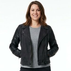 Tommy Hilfiger Women's Jacket Moto Black Denim Faux Vegan Leather Sleeves Size L